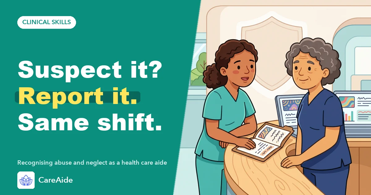 Illustration: an aide shows a colleague a note in a record binder beside the headline 'Suspect it? Report it. Same shift.'