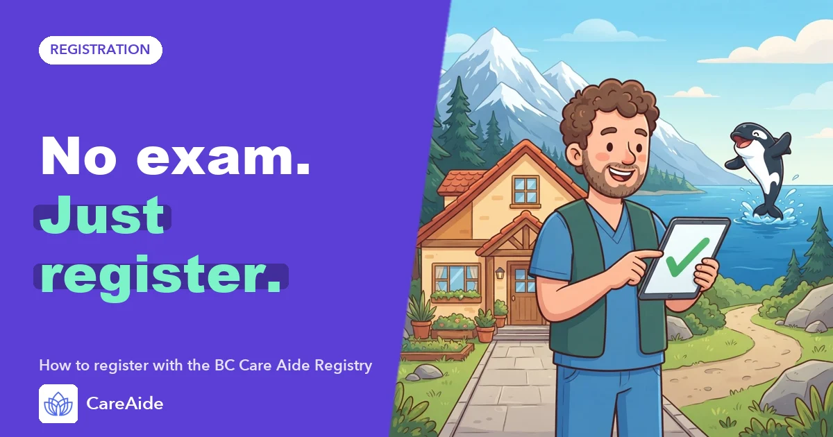 Illustration of a health care assistant with mountains and cedar trees behind a small care home in British Columbia.