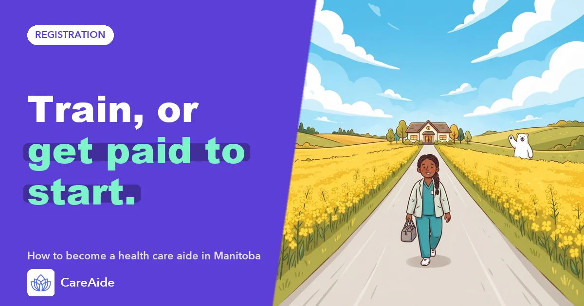 Illustration of a health care aide on a prairie road under a wide sky, walking toward a small care home in Manitoba.