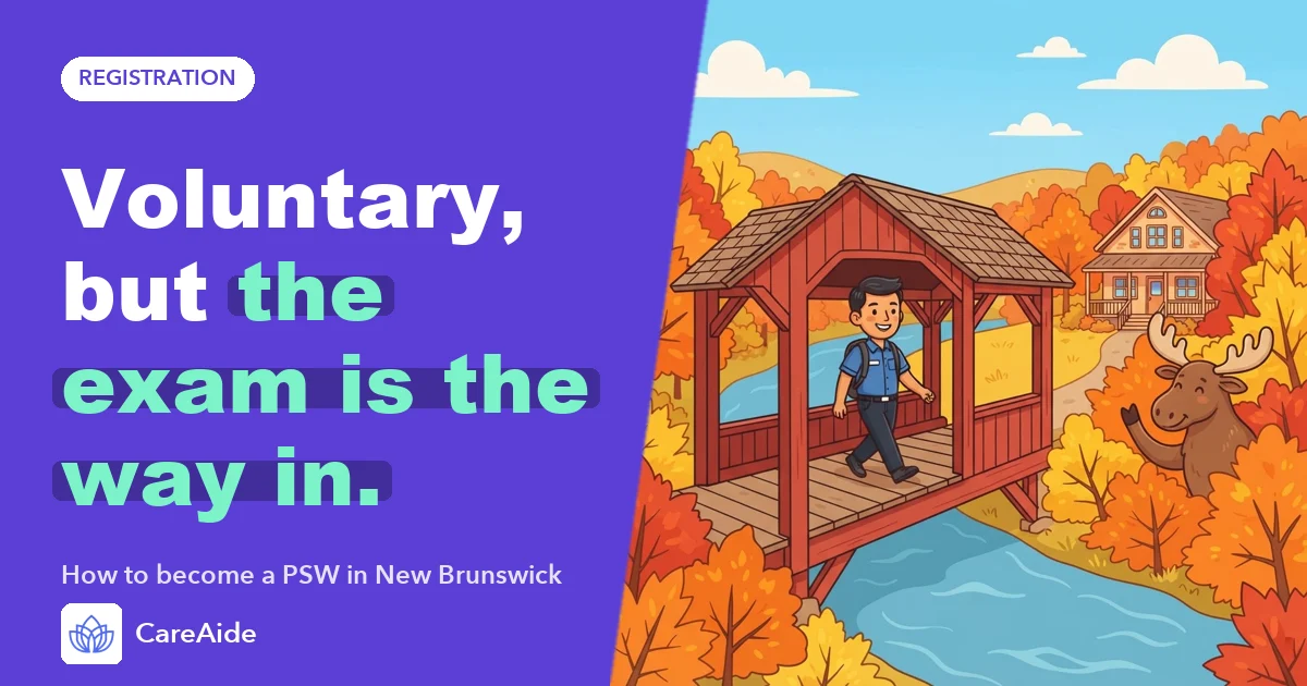 Illustration of a personal support worker crossing a covered bridge toward a small care home in New Brunswick.