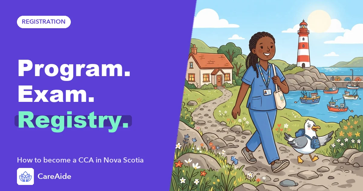 Illustration of a continuing care assistant on a coastal path with a lighthouse and a small care home in Nova Scotia.