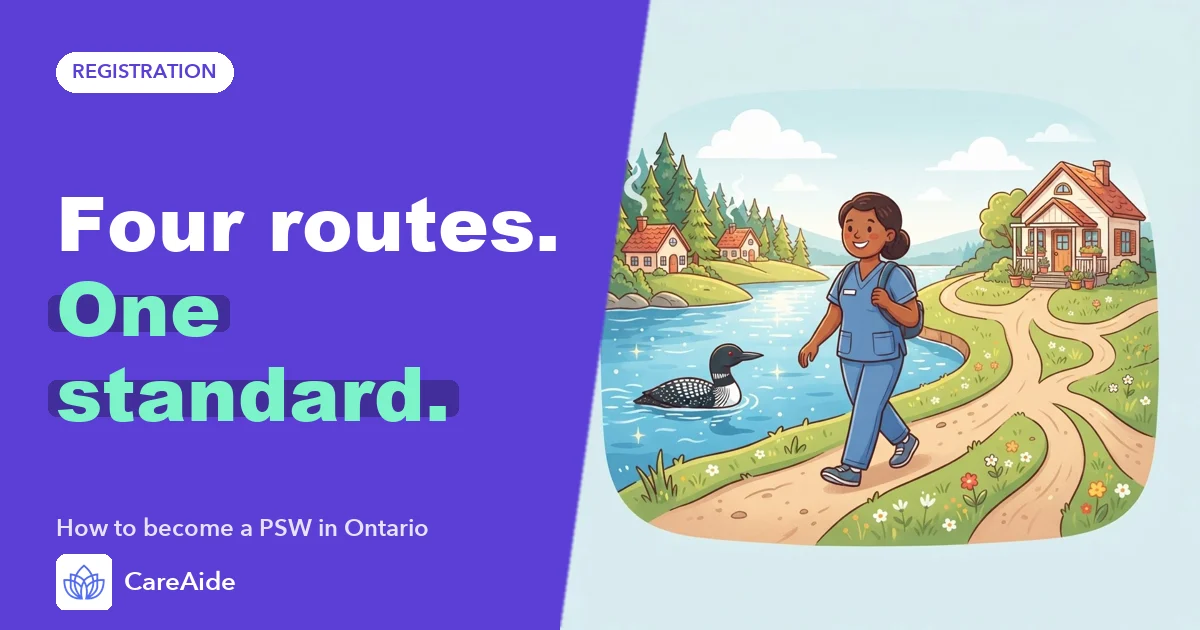 Illustration of a personal support worker walking a winding road past an Ontario lake toward a small care home.