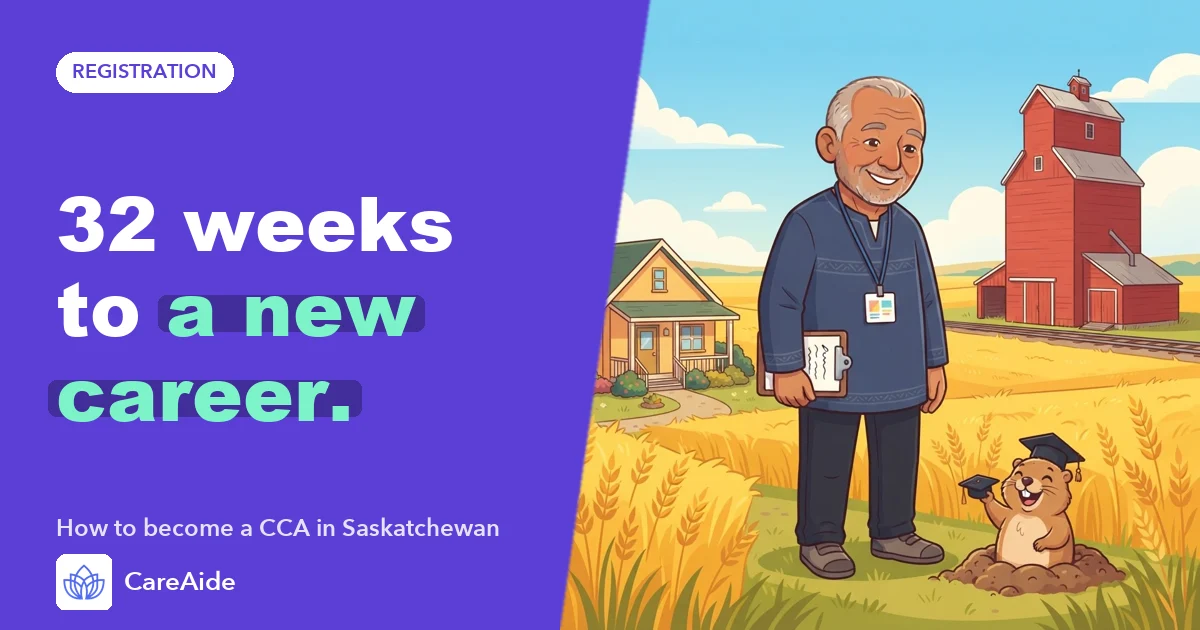 Illustration of a continuing care assistant beside a wheat field and grain elevator near a small care home in Saskatchewan.