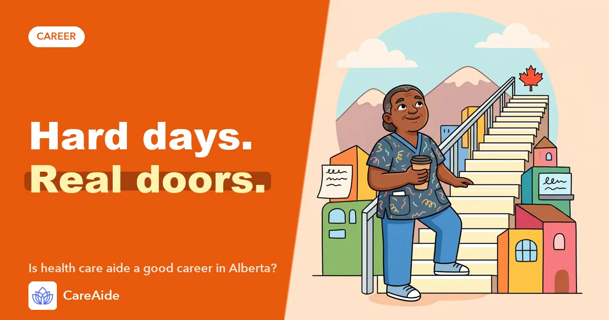 Illustration: an aide climbs a staircase between colourful buildings toward mountains, headline 'Hard days. Real doors.'