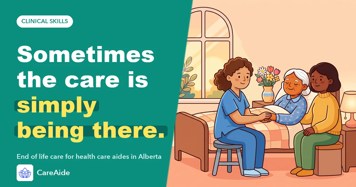 Illustration: an aide holds a resident’s hand at the bedside beside a family member, in soft evening light.