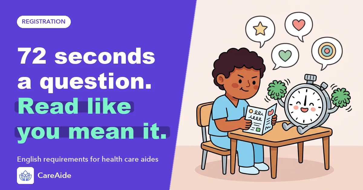Illustration: a student reads an exam booklet while a cheerful stopwatch cheers them on.