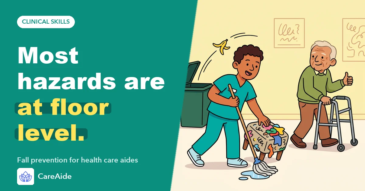 Illustration: an aide mops a spill and moves a clutter of items from the path of an older man with a walker, headline 'Most hazards are at floor level.'