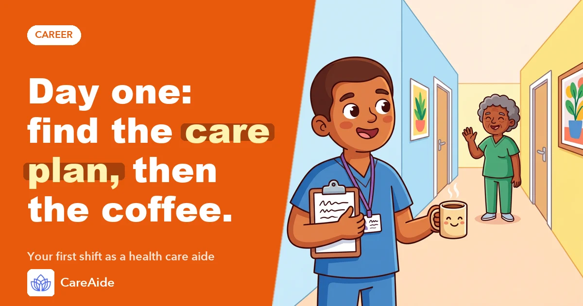 Illustration: a new aide holds a clipboard and a coffee while a colleague waves hello down a hallway.
