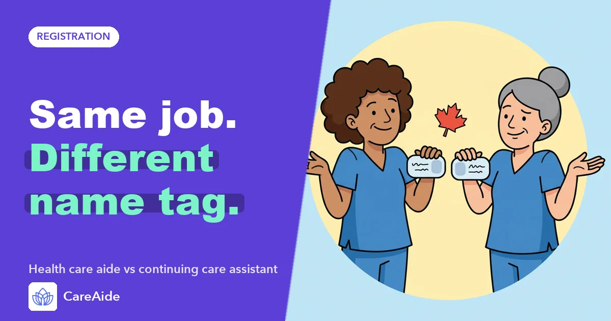 Illustration: two care workers in matching scrubs compare blank name badges and shrug.
