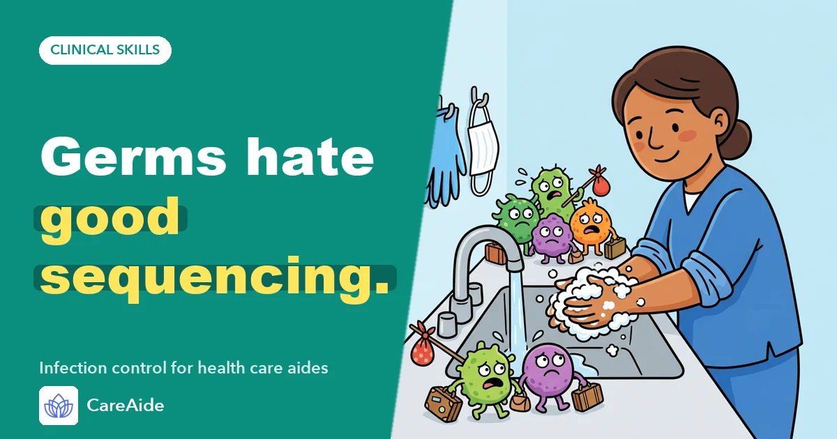 Illustration: an aide washes their hands while cartoon germs pack their suitcases to leave.