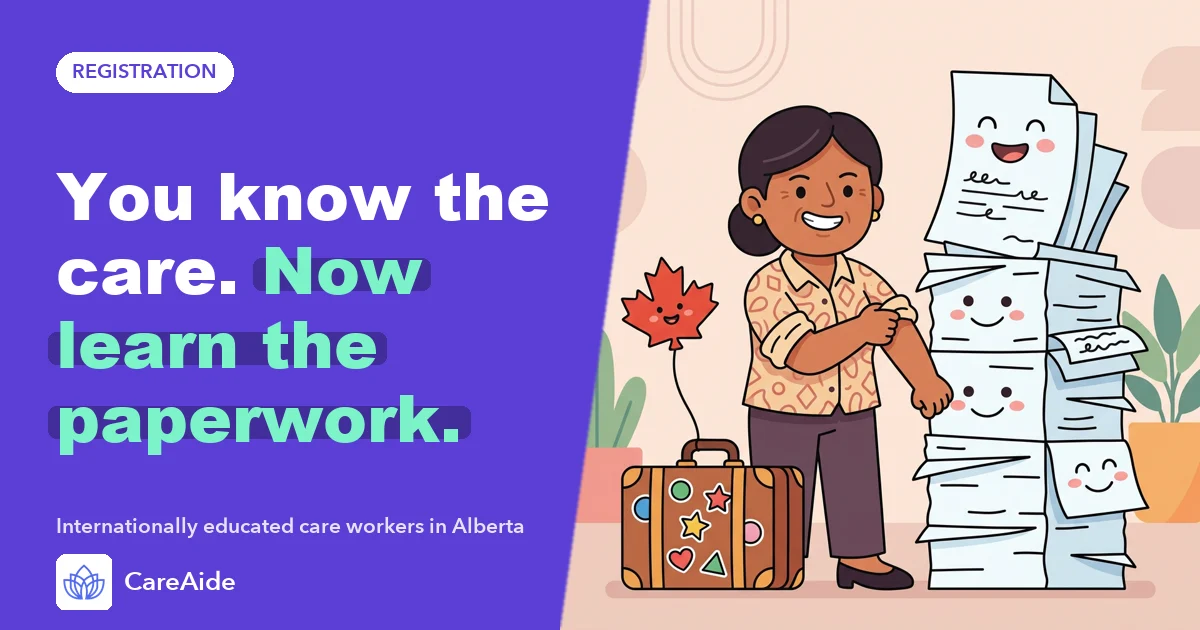 Illustration: a care worker with a suitcase rolls up their sleeves in front of a friendly stack of forms.