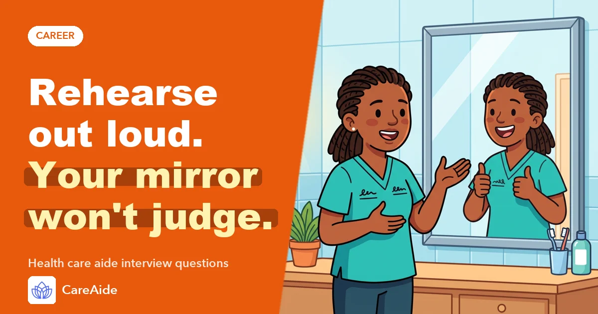 Illustration: an aide rehearses in front of a mirror while the reflection gives a double thumbs up.