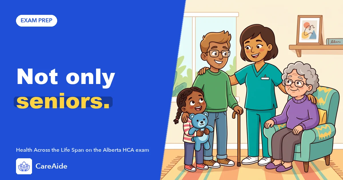 Illustration: an aide with a child, an adult and an older woman in a family living room, headline 'Not only seniors.'