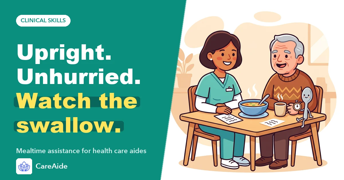 Illustration: an aide sits beside an older man at a table as he eats a bowl of soup, with the headline 'Upright. Unhurried. Watch the swallow.'