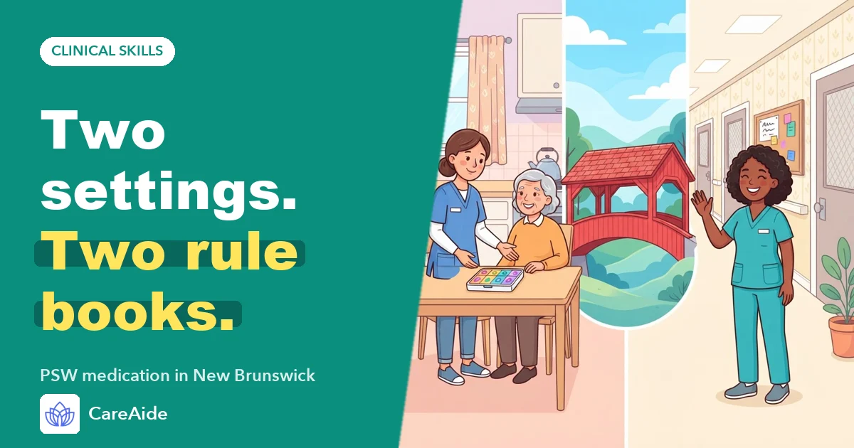 Illustration of a personal support worker in a client's kitchen beside a weekly pill organizer, with a river and covered bridge outside.