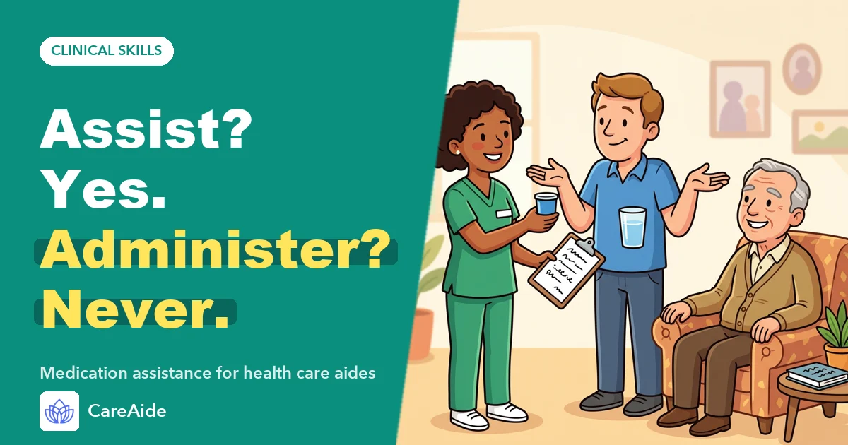 Illustration: an aide hands an older man a glass of water while a nurse holds the chart, headline 'Assist? Yes. Administer? Never.'