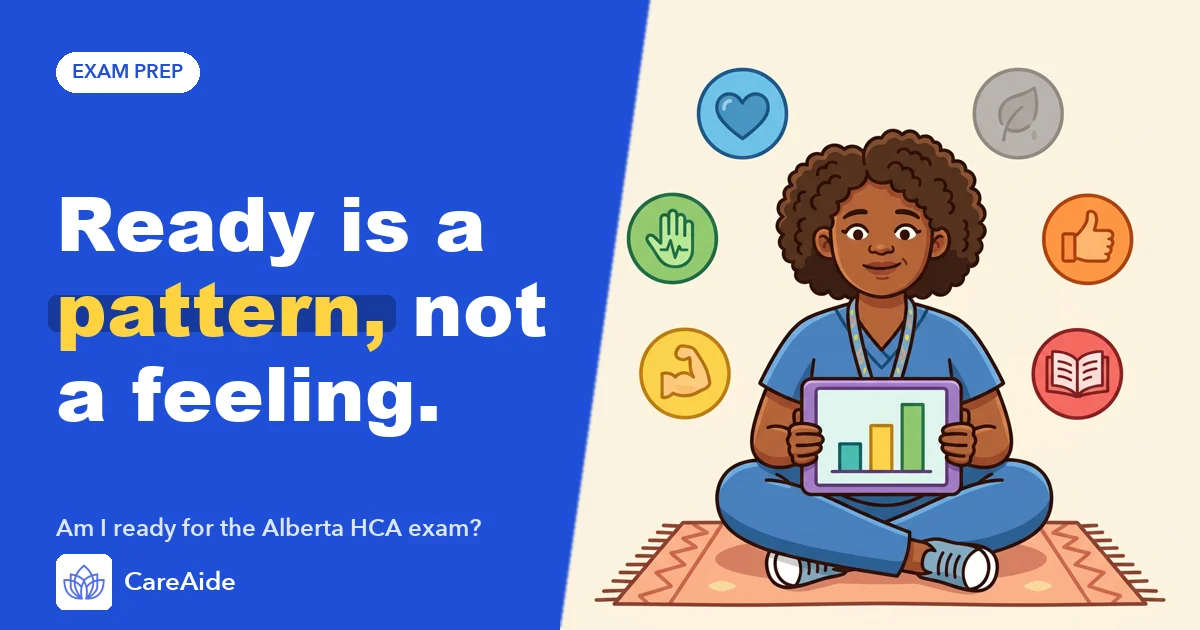 Illustration: a student sits cross-legged with a tablet showing a rising bar chart, surrounded by skill icons, headline 'Ready is a pattern, not a feeling.'