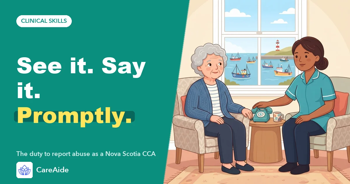 Illustration: a continuing care assistant listens to an older resident, a harbour and lighthouse through the window.