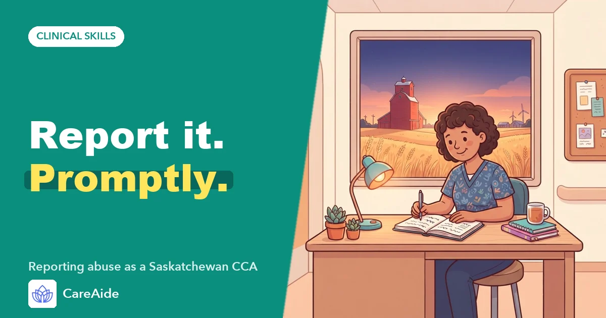 Illustration of a continuing care assistant writing a note at a nursing station, with wheat fields and a big sky through the window.