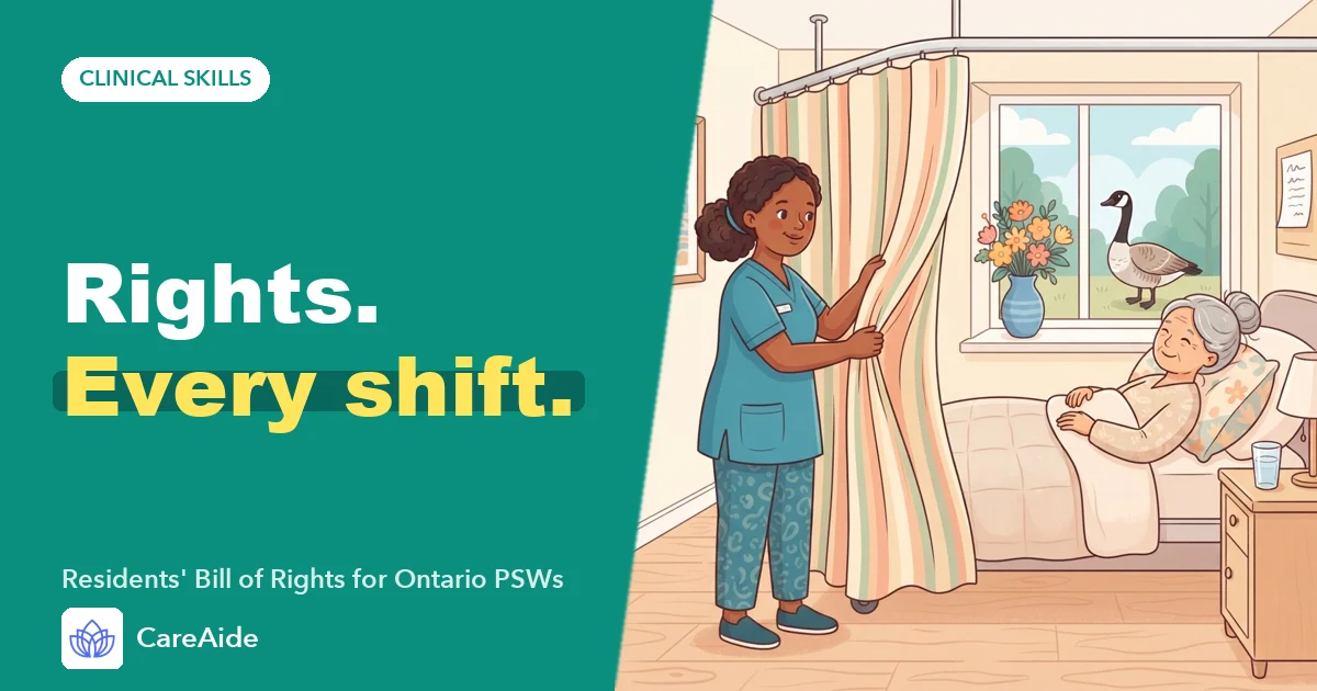 Illustration of a personal support worker drawing a privacy curtain around a resident's bed in a bright care home room.