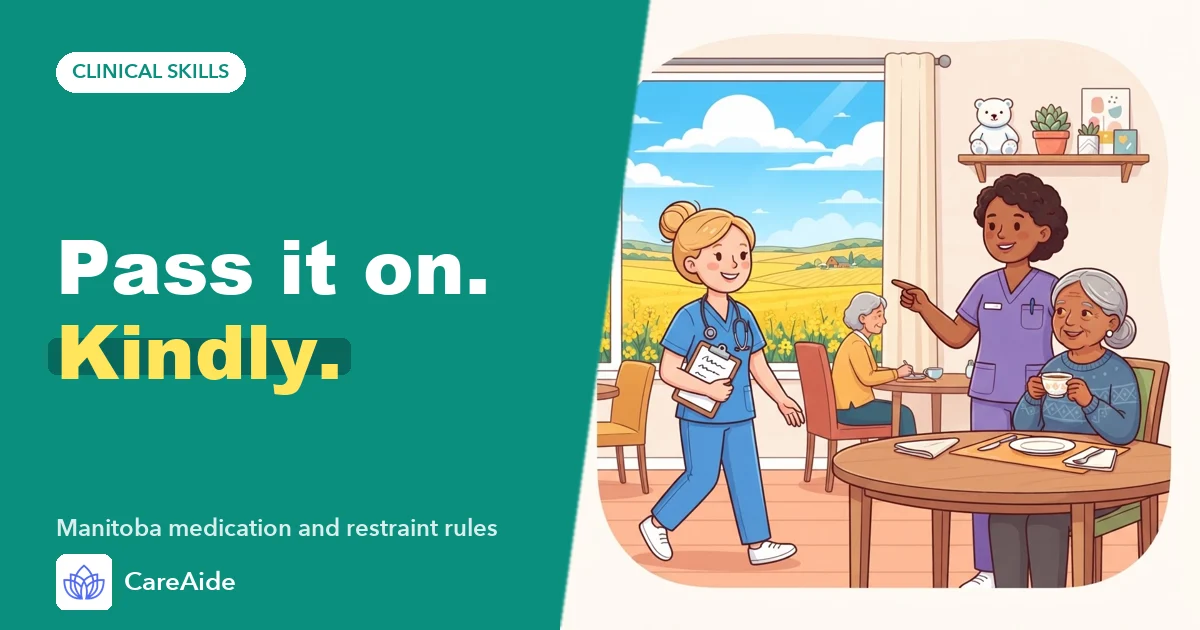 Illustration of a health care aide pausing to speak with a nurse beside a resident's chair on a bright prairie-view care home floor.