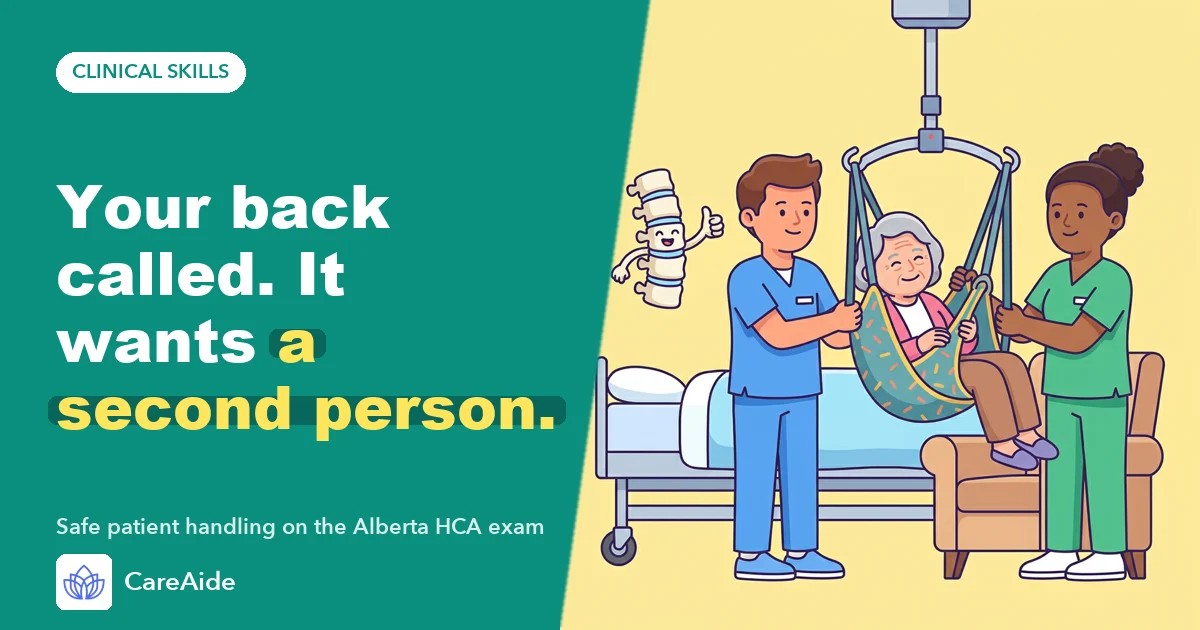 Illustration: two aides use a ceiling lift to move a smiling resident while a cartoon spine gives a thumbs up.