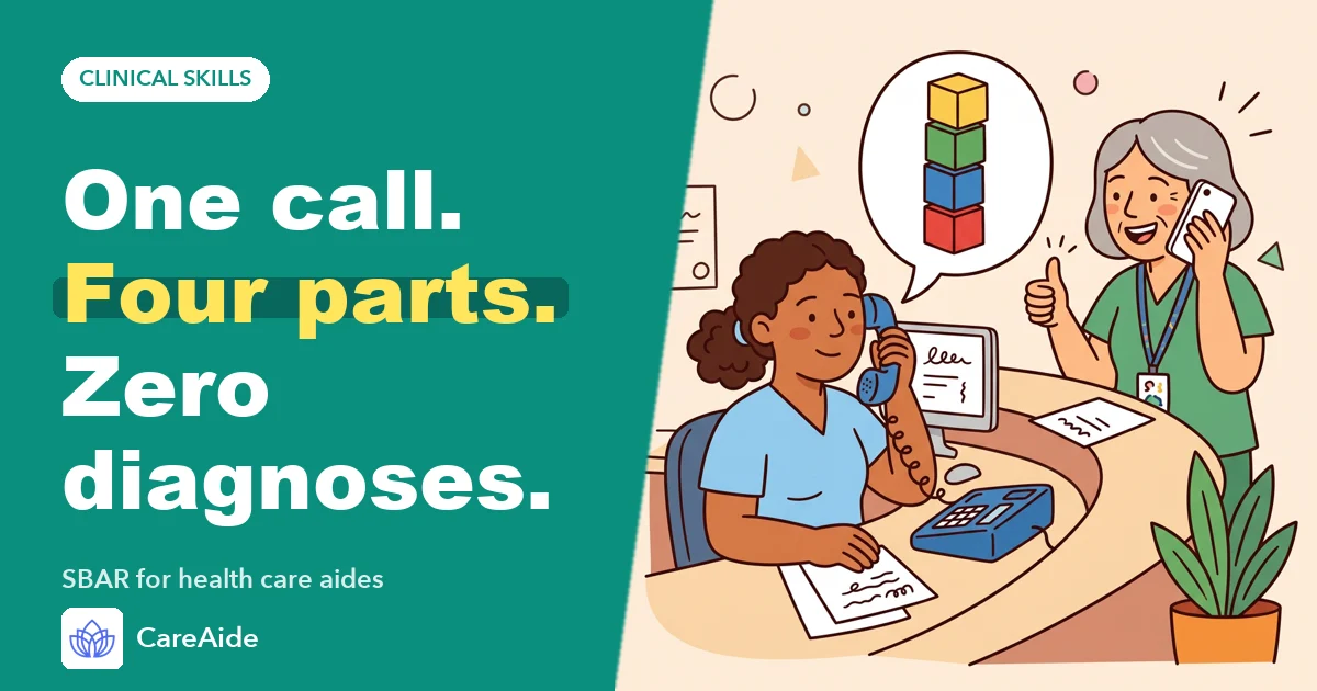 Illustration: an aide calls the nurse while four blocks stack neatly into place.