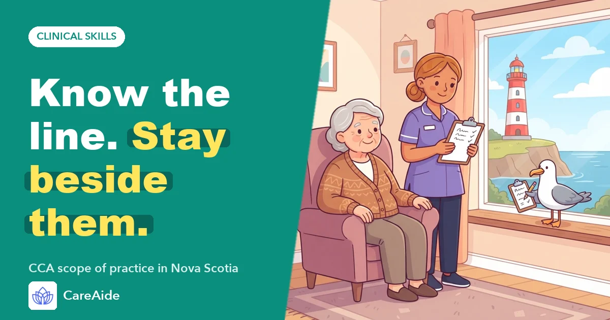 Illustration of a continuing care assistant holding a clipboard beside a resident, with a lighthouse and gentle coastline outside the window.