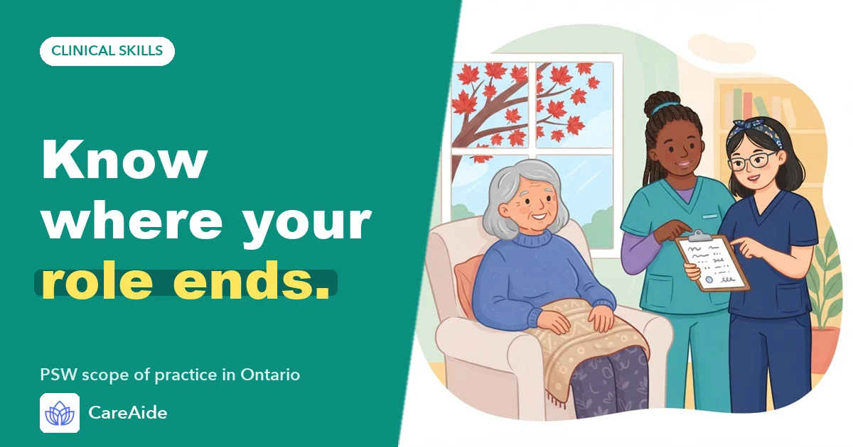 Illustration: a personal support worker and a nurse look at a plan of care beside a smiling client, a red maple outside.
