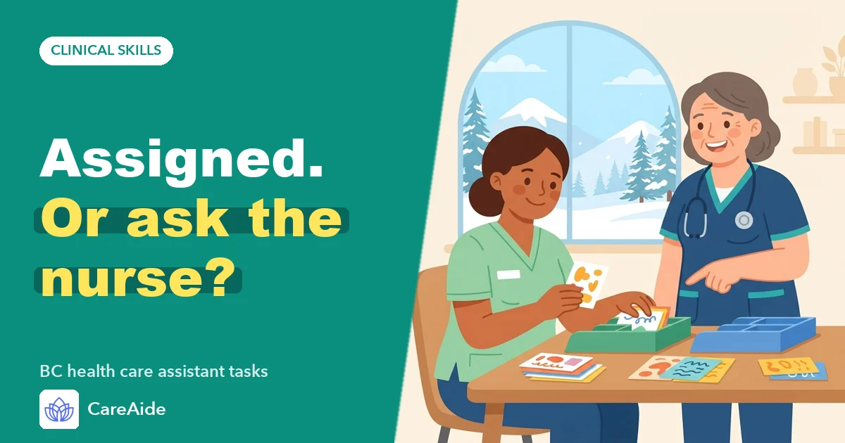 Illustration of a health care assistant sorting two trays of task cards beside a resident, with mountains and cedar trees in the window.